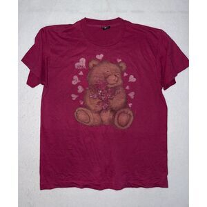 Vintage 90s Cute Pink‎ Flower Teddy-Bear Hearts Shirt Size XL Adorable USA Girly